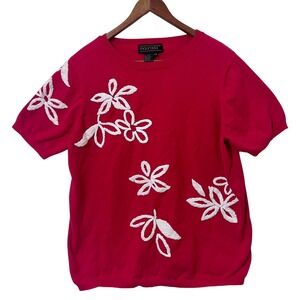 VTG Maurada Red Short Sleeve Knit Sweater White Floral Embroidered Top Womens 1X